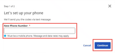In the image, the New Phone Number field displays at center for phone number entry. The Continue button displays at bottom right.